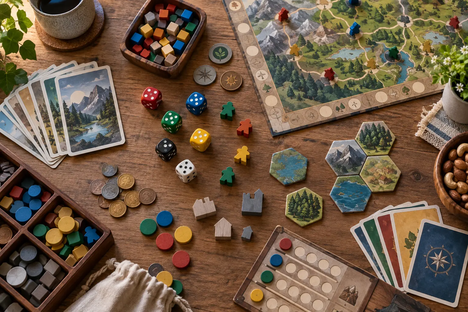 Et innbydende bord fullt av brettspill og brikker