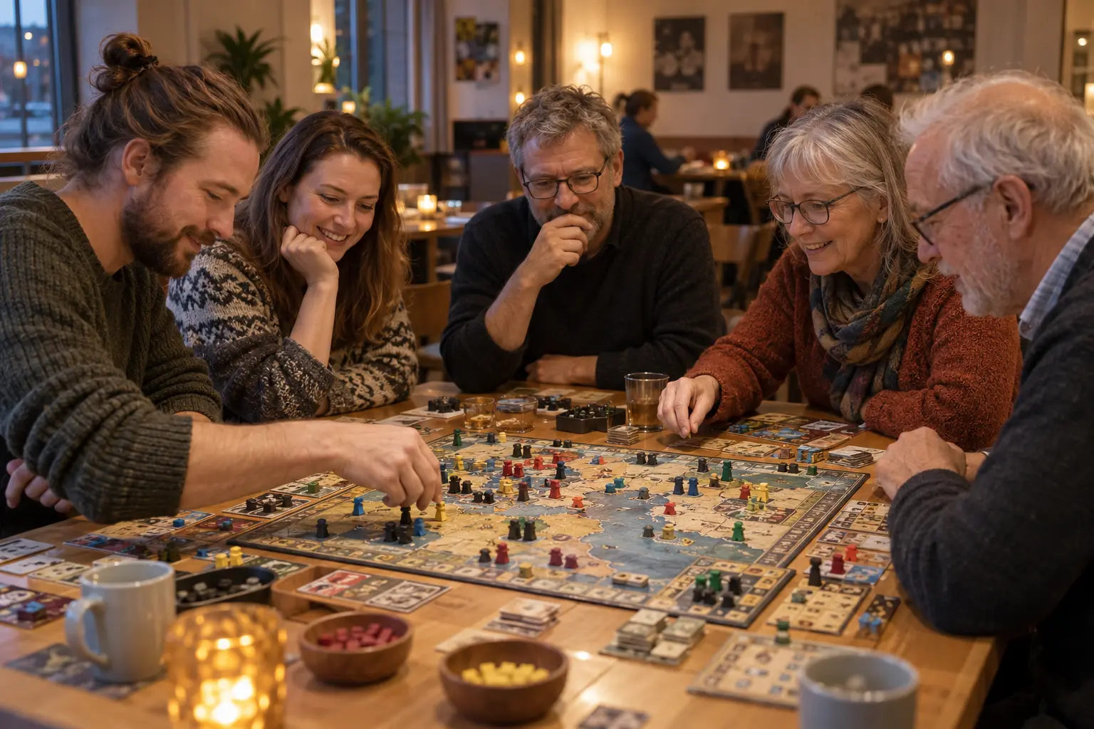 Voksne som spiller et større brettspill
